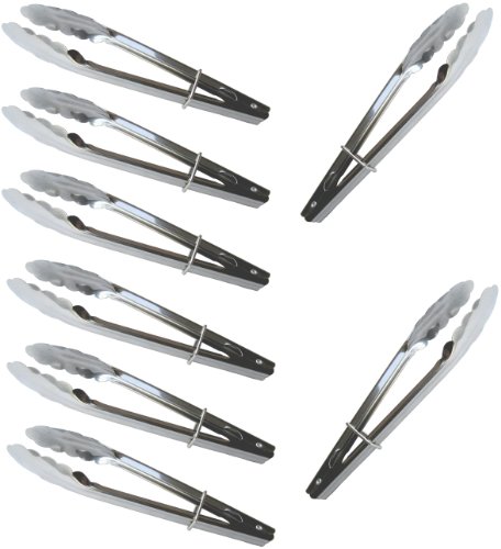 Set of 8 Stainless Steel Clam Shell Food Service Tongs with Sliding Rings. Quality Construction, Dishwasher Safe