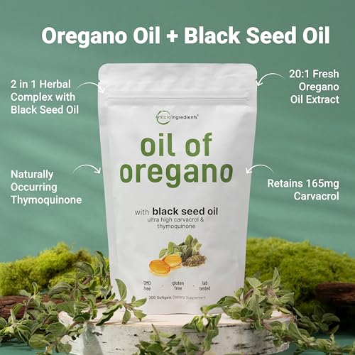 Micro Ingredients Cápsulas Blandas de Aceite de Orégano, 150 Unidades | 2 en 1 con Aceite de Semilla Negra | Carvacrol y Timoquinona 4 Veces Más Potentes | De Origen Vegetal, Sin Omg