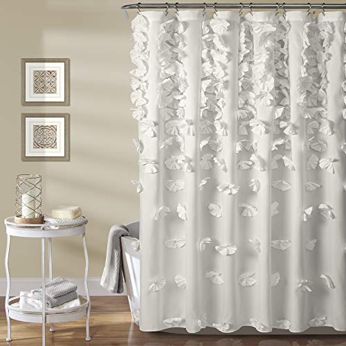 Lush Decor Riley Shower Curtain Bow Tie Textured Fabric Vintage Chic Farmhouse Style Bathroom Decor, White, 72 x 72