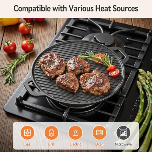 Double-Sided Cast Iron Griddle Pan, Non-Stick Pre-Seasoned Cast Iron Skillet BBQ Grill Plate, 30cm Non-Stick Griddle Pan with Handles for Gas Electric and Oven Safe, Round