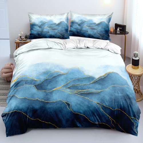 Luowei Parure de lit réversible en microfibre avec housse de couette de 220 x 240 cm et 2 taies d'oreiller de 80 x 80 cm avec fermeture éclair - Motif marbré cyan, blanc et doré