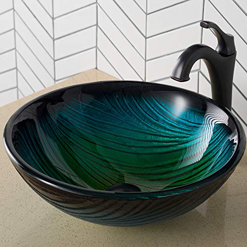Kraus17-inch Green Glass Nature Series™ Bathroom Vessel Sink and Arlo™ Faucet Combo Set with Pop-Up Drain, Oil Rubbed Bronze Finish