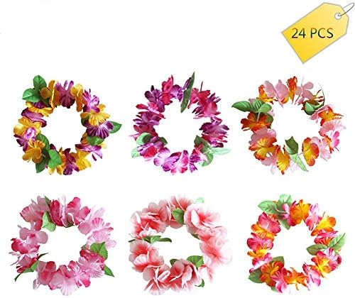 CoolDi 24PCS Colorful Tropical Luau Hawaiian Leis Flowers Headband Headpiece Necklaces for Party Supplies,Birthday Party Favors,Wedding,Easter Decorations