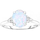 ORO LEONI 10K White Gold Lab Created Opal 3/4 Ct Oval, Diamond Ring