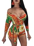 PlushZone Women's Sexy Beach Off Shoulder African Print Short Romper Jumpsuit With Belt, XX-Large