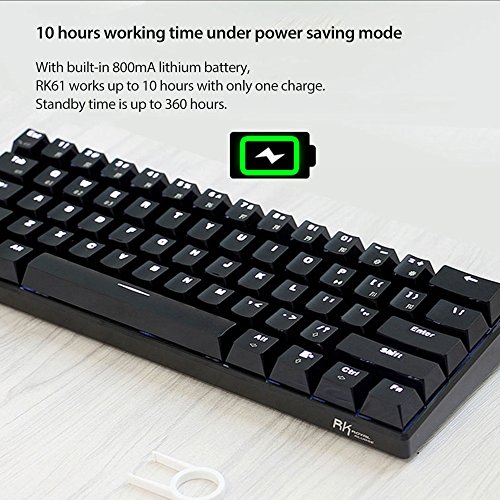 Royal Kludge RK61 61 Keys Wired/Wireless Bluetooth 3.0 Multi-Device LED Backlit Mechanical Gaming/Office Keyboard for iOS, Android, Windows and Mac with Rechargeable Battery, Blue Switch -Black