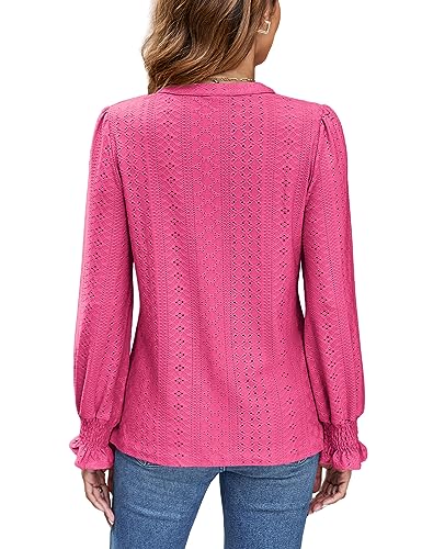 AMORETU LONG SLEEVE TOPS FOR WOMEN VNECK BLOUSE LOOSE CASUAL TSHIRTS, ROSE L