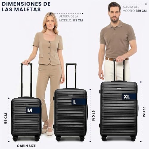 Skyspeed Line Mala de Viagem Conjunto de 3 Malas Carrinho Rodante de Malas em ABS Rígido Fechadura combinada, Pega Telescópica 4 Rodas Pretas Ryanair/Vueling/Iberia