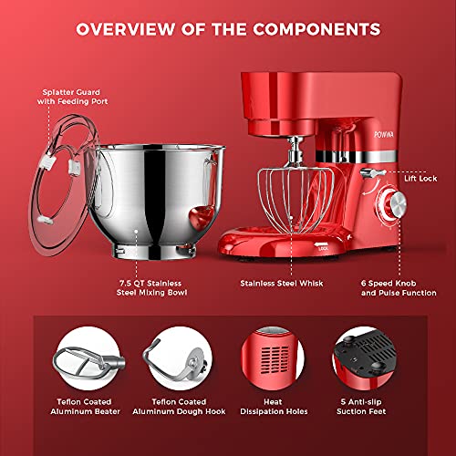 Stand Mixer, POWWA QT Electric Mixer, 6+P Speed 660W Household