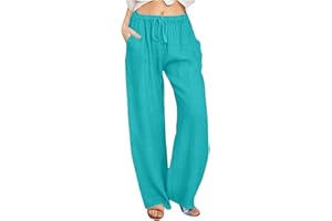 Cotton Linen Pants for Women Summer Drawstring Wide Leg Trousers High Waist Casual Palazzo Pants with Pockets