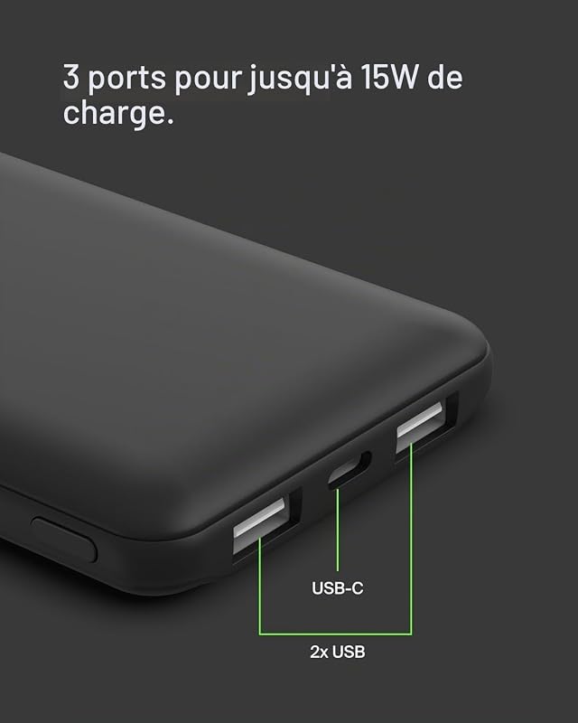 batería externa portátil de 10000mAh, cargador externo USB-C con 1 puerto USB-C y 2 puertos USB-A, power bank de 15 W, batería portátil para iPhone, Galaxy, Pixel, AirPods, iPad y otros - Noir