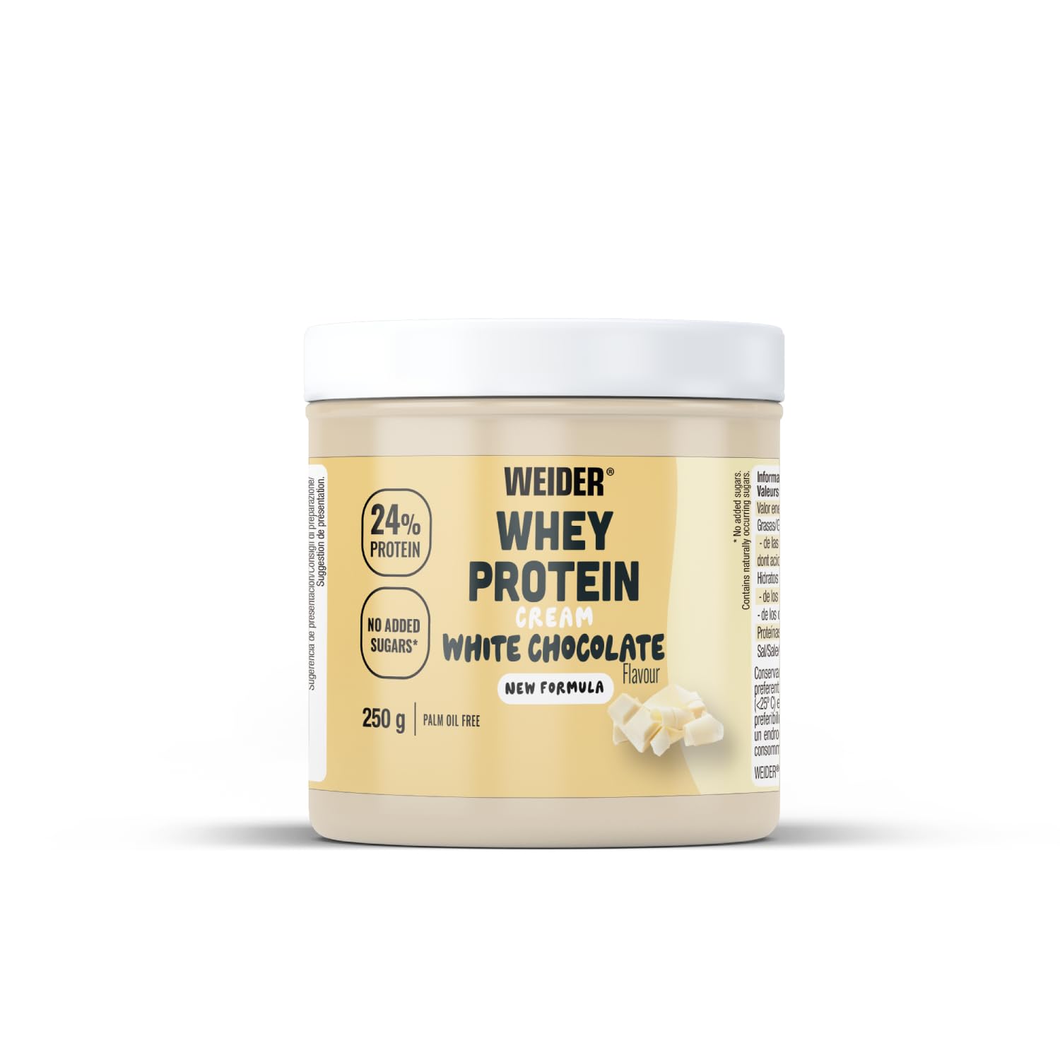 Weider Whey Protein White Spread 250 g. White Chocolate Cream with 22% Protein Low sugars No Palm Oil and Gluten Free.