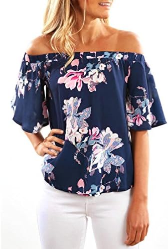 TOPUNDER Fashion Women Off Shoulder Floral Printed Blouse Casual Tops T Shirt D (L, Navy)