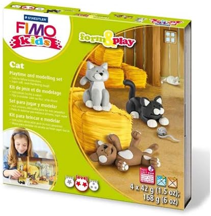 STAEDTLER 8034 16 LZ FIMO Kids Form&Play Playtime & Modelling Polymer Clay Set, "Cats" (Pack of 4 Blocks, Stickers