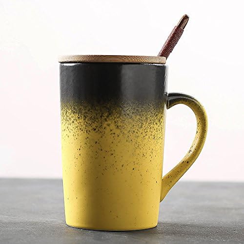 MOCER Simple Ceramic Mug with Lid Spoon Lovers Cup Coffee Cup Retro Office Water Cup, Yellow Bamboo Fine Mattelid Wooden Spoon