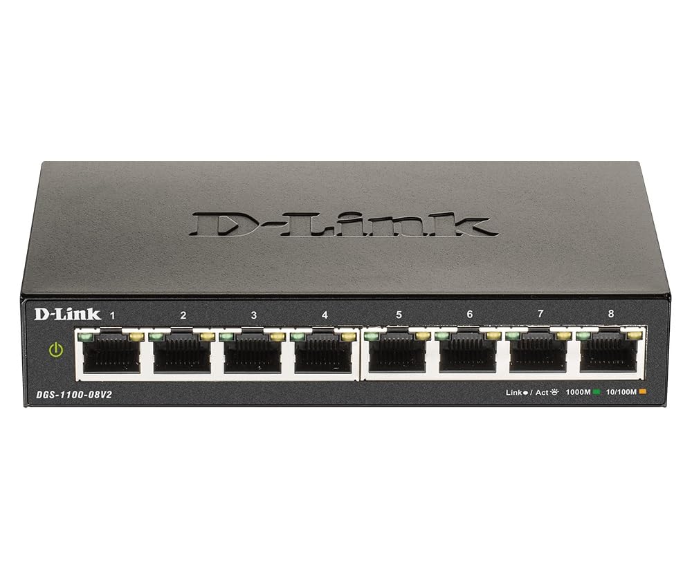 D-Link DGS-1100-08V2 8-Port Gigabit Smart Managed Switch with VLAN support, layer 2 features, QoS, 802.3az EEE, Fanless, Black
