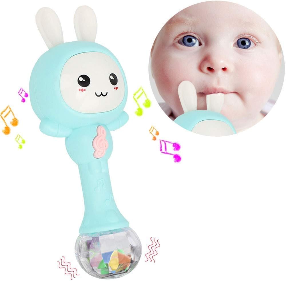 My First Rattle, NEEDOON Musical Baby Rattle and Teethers, Sing Rabbit Toy with 6 Songs and Light for Toddlers Infant Development and Early Education Best Accompany Gift for Sleep (Blue)