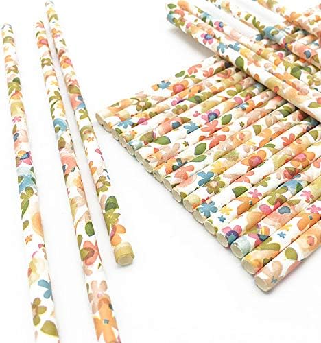 Flower Paper Straws, Eco-Friendly, Biodegradable, Fancy Flower Pattern for Weddings, Showers, Birthdays, Parties, Crafts. Decorative Paper Drinking Straws for Juices, Smoothies, Shakes. Pack of 125.