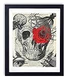 Skull Illustration Mashup With Red Rose Vintage Upcycled Dictionary Art Print - 8x10 inches