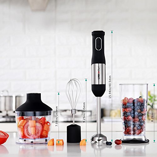 Immersion Blender LINKChef Hand Blender Stick Mixer Food Processor, Egg Whisk, Robust Stainless Steel, 3 in 1 500W 20 speeds Silver/Black (HB-2140T) – 3 Years Warranty
