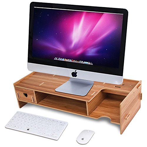 Adjustable Eco-Friendly Wood Computer Monitor Riser Stand 2-Drawer Desktop Organizer with Pen Slots, Keyboard Letter Tray File Holder Paper Storage for Home (Walnut color)