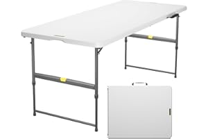 FanttikOutdoor 6ft Portable Folding Table, 3 Heights, One-Handed Height Adjustment, Gravity Lock, Carry Handle, Indoor Outdoor Heavy Duty Fold-in-Half Utility Table, Party, Granite White Zeta X6 Pro