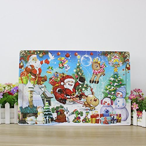 TINNZTES 200 Piece Large Wooden Jigsaw Puzzle Merry Christmas Xmas Santa Claus Early Childhood Education Puzzle with Frame and Map Illustration Wooden Cartoon Toys