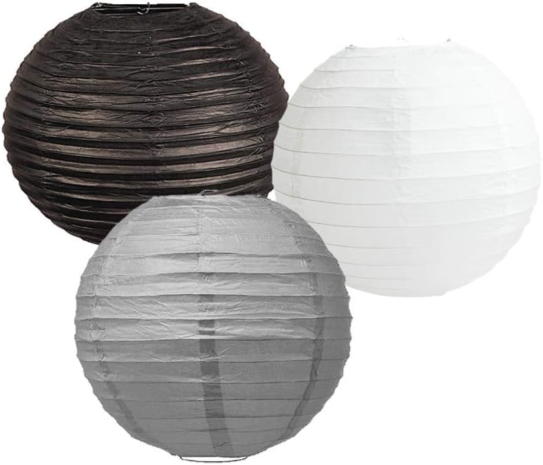 Paper Lanterns Mix Color Packs of 3 Round Paper Lanterns Lampshade Party Decorations (Grey Black Shade, 16" (40 cm))