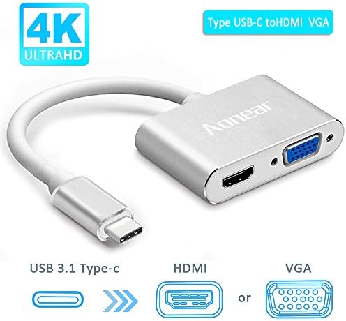 USB C to HDMI VGA Adapter,Aonear 2 in 1 USB 3.1 Type C to VGA HDMI 4K UHD Converter Adapter (Thunderbolt 3 Compatible) Dual screen display with Aluminium Case for 2017/2016 MacBook/ChromeBook