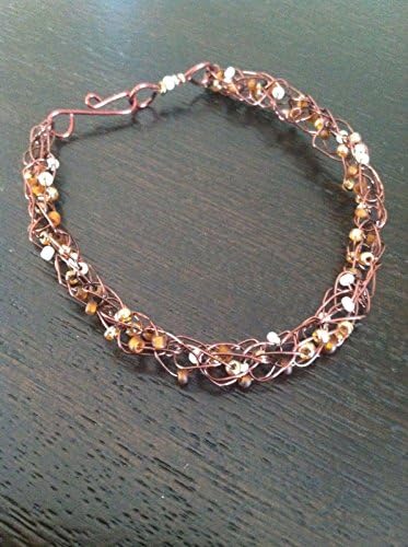 Dark Brown Copper Knitted Wire Bracelet , Handmade Bead Bangle Boho Jewelry