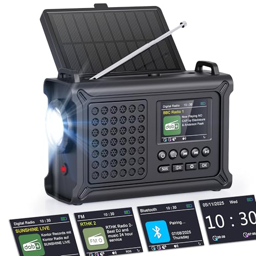 ROCAM Crank Radio DAB+/FM, Portable Emergency Radio 12000 mAh with 8500 mm² Solar Panel & 650 mA Crank, Digital Radio with Bluetooth, 2.4 Inch Colour Display, 80 Transmitters, SOS, LED Torch, USB, IPX6 for Camping