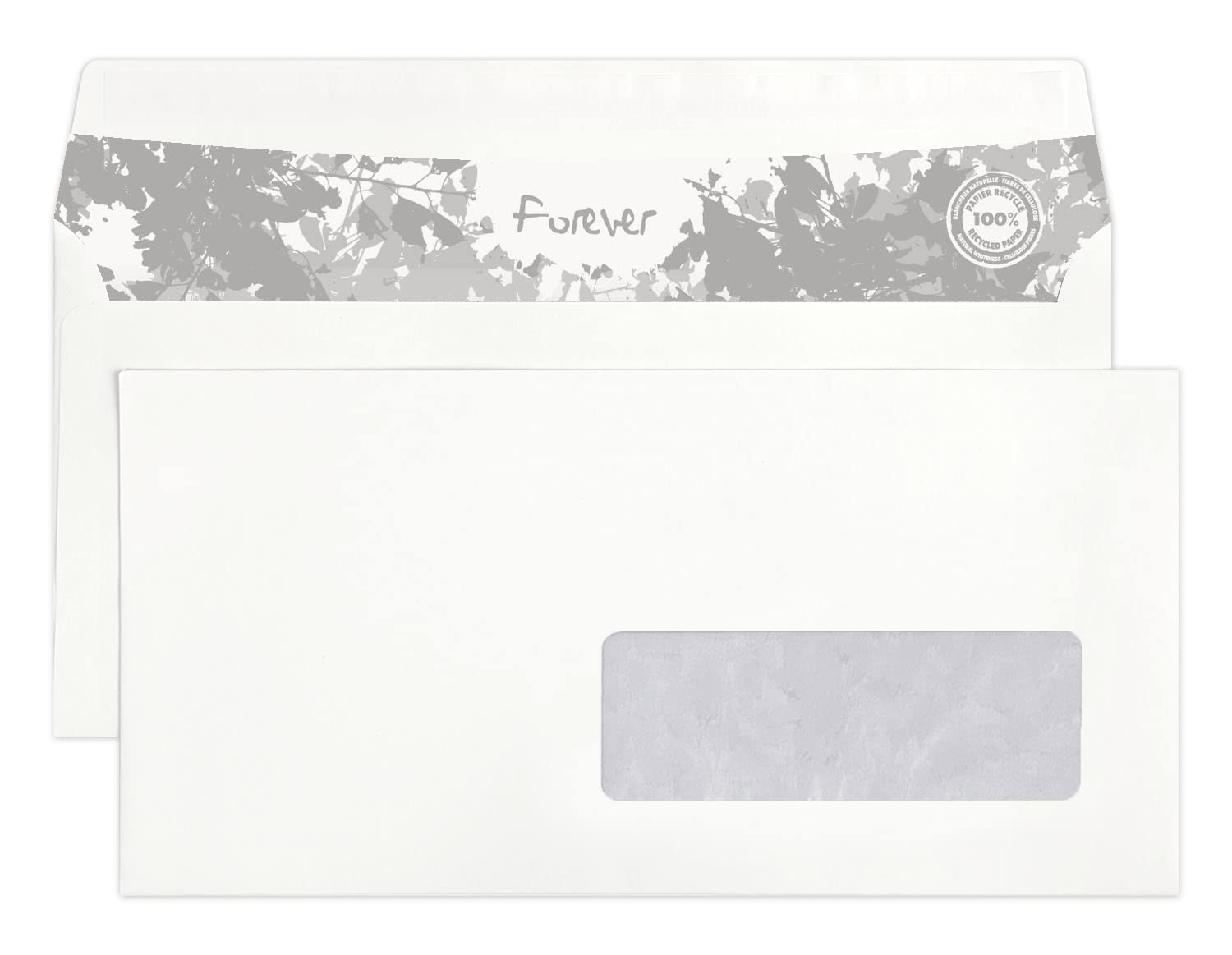 Clairefontaine 610615C - Box of 500 Forever White envelopes 100% recycled DL-110x220mm - Self-adhesive - 80g/m² - Window Crystal Paper 35x100 (position 20/20)