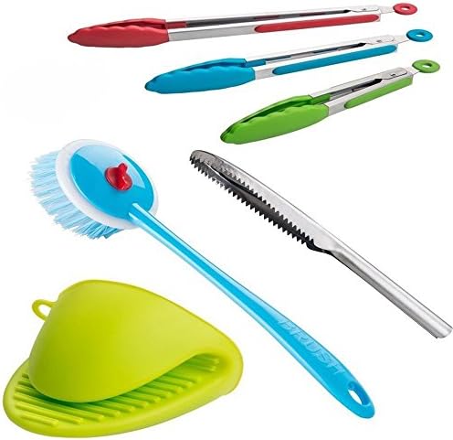 Cooking Tongs with Silicone Tips Tong Set Small Metal Salad Meat BBQ Grill Grilling Food Nonstick Cookware Rubber Locking Tipped Kitchen Thong Tip Ends and Fish Scaler Oven Mini Mitts Brush