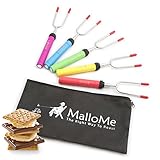 MalloMe Premium Marshmallow Roasting Sticks Set of 5 Smores Skewers & Hot Dog Fork 34 Inch Rotating Extending Patio Fire Pit Camping Cookware Campfire Cooking Kids Accessories - Bonus Bag & Ebook