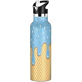 Blue Ice Cream Water Bottles for Boys Kids Stainless Steel Thermos Bottle Cups with Straw Lid Leakproof Insulated Flask Jug 20 oz