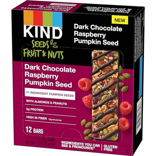 KIND HEALTHY SNACKS BARS, DARK CHOCOLATE RASPBERRY PUMPKIN SEED, GLUTEN FREE, HIGH FIBER SNACKS, 5G PROTEIN, 12 COUNT