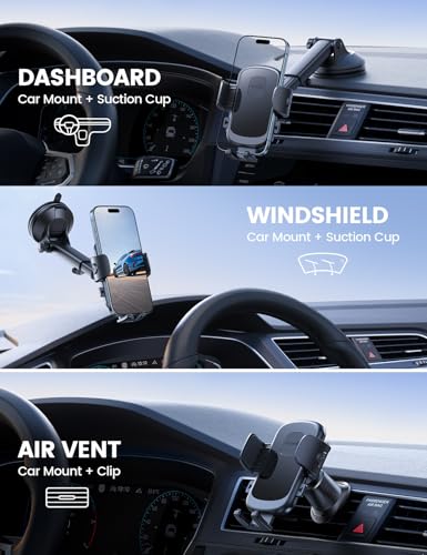 Lamicall Phone Mount for Car [3-in-1 Military-Grade Suction Cup] 360° Rotation Phone Holders for Your Car [Metal Hook] Cell Phone Car Mount Dashboard Vent Windshield All Smartphone LeatherGrain