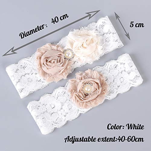Kercisbeauty Set of 2 Handmade Bridal Bridesmaids Elastic Adjustable Garter White Lace Champagne Rose Flower and Pearl,Hen night bachelorette party - Thumbnail 2