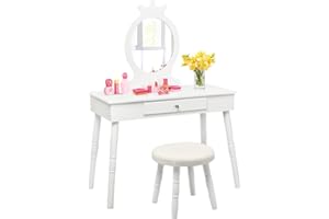 HOMGX Kids Vanity Set, Princess Beauty Dressing Wooden Table and Chair Vanity Set, Little Girls Pretend Makeup Play Set with Crown Mirror & Cushioned Stool, Children’s Room Furniture (White)