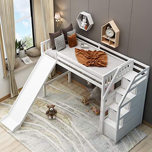 Twin Loft Bed with Slide and 3 Storage Grids, Wood Storage Twin Loft