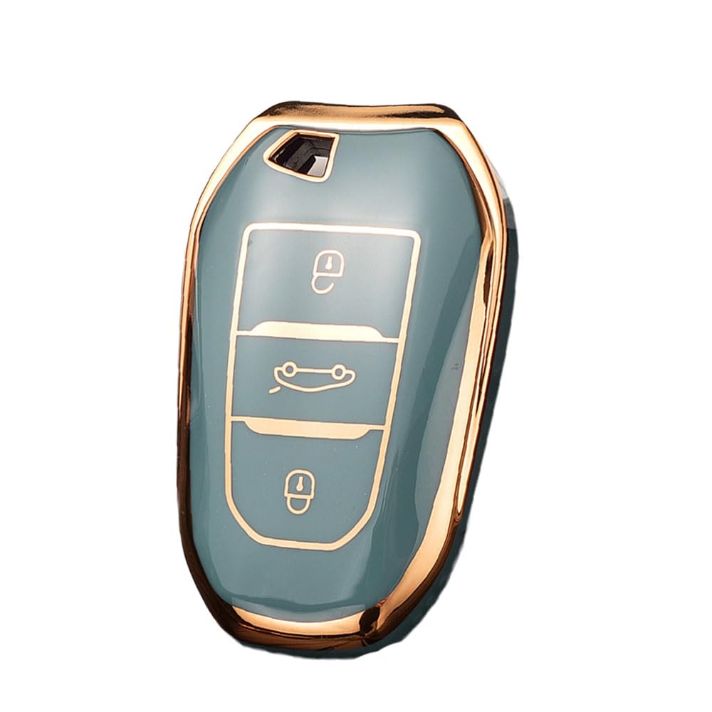 HIBEYO Smart Car Key Case Fits Peugeot 301-307-308-408-2008-3008-5008 Key Cover TPU Protective Case for Citroen C4L-C3-C5-DS5LS for Opel Grandland Key Shell 3-Button Gold Grey
