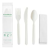 GreenWorks 7" Heavy-duty Compostable Cutlery Kits, BPI Certified, 200 Sets (Fork, Spoon,Knife,Napkin 4 in 1) Individually Wrapped With Compostable Bags，Alternative to Plastic Disposable Utensils
