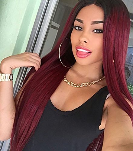 JINKAILI HAIR Long Straight Middle Part Two Tone Black and Red Ombre Wigs for Women Natural Looking Wig Heat Resistant Wig