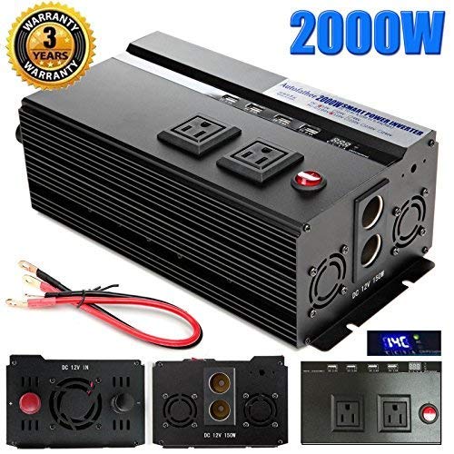 Digital Display 2000W Car Power Inverter DC 12V to AC 110V Modified Sine Wave Converter wtih 4 USB Ports & Adapters for Device Electronic Charging, 3 Year Warranty