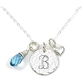 AJ's Collection Keep It Simple- Personalized Sterling Silver Initial Monogram and Heart Charm Necklace with Crystal Birthstone Briolette. Chic Gifts for Her, Wife, Girlfriend, and more