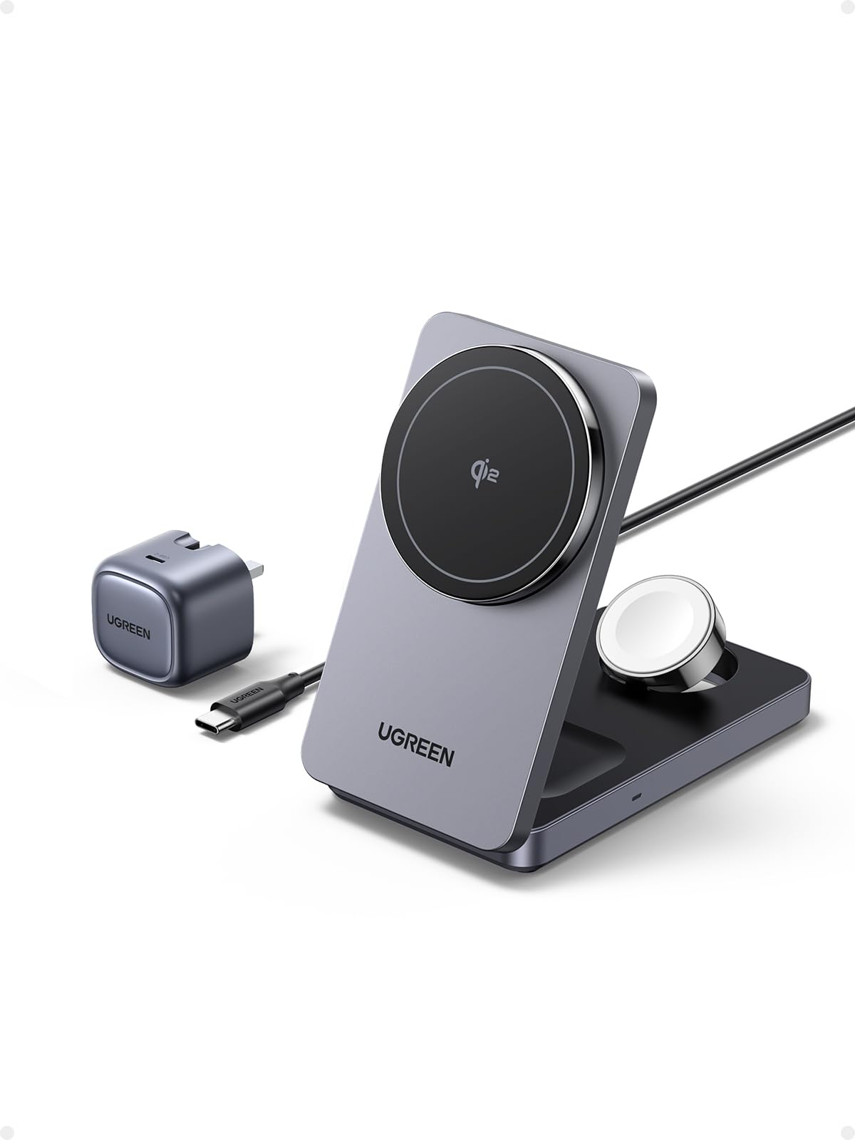 UGREEN 15W MagFlow for MagSafe Charger Qi2 Certified, 3-in-1 Wirless Charger Compatible with iPhone Air/17/16/15/14/13/12, AirPods 2/3/4, AirPods Pro 1/2/3, Watch 11/10/9/8/7/Ultra 3/2/UItra/SE3/2/SE