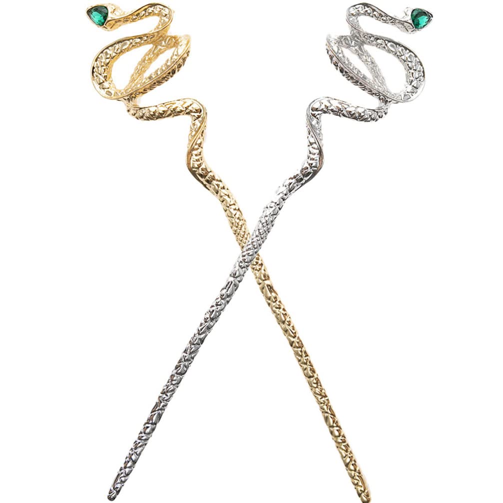 KALLORY 2pcs Snake Hair Sticks Vintage Punk Hair Chopsticks Chinese Traditional Hair Pin Headwear Halloween Hair Accessories Gifts Gold Silver