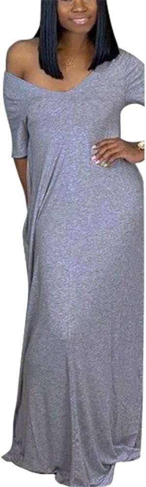 Women Casual Cold Shoulder Color Block Short Sleeve Loose Maxi Long Dress