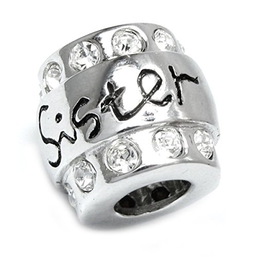 .925 Sterling Silver Sister CZ Crystal Bead Charm For European Charm Bracelets