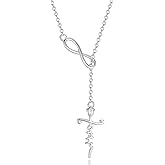 FANCIME White Gold Plated 925 Sterling Silver High Polished Infinity Cross Pendant Lariat Necklace Y Necklace Gift for Women, 18"